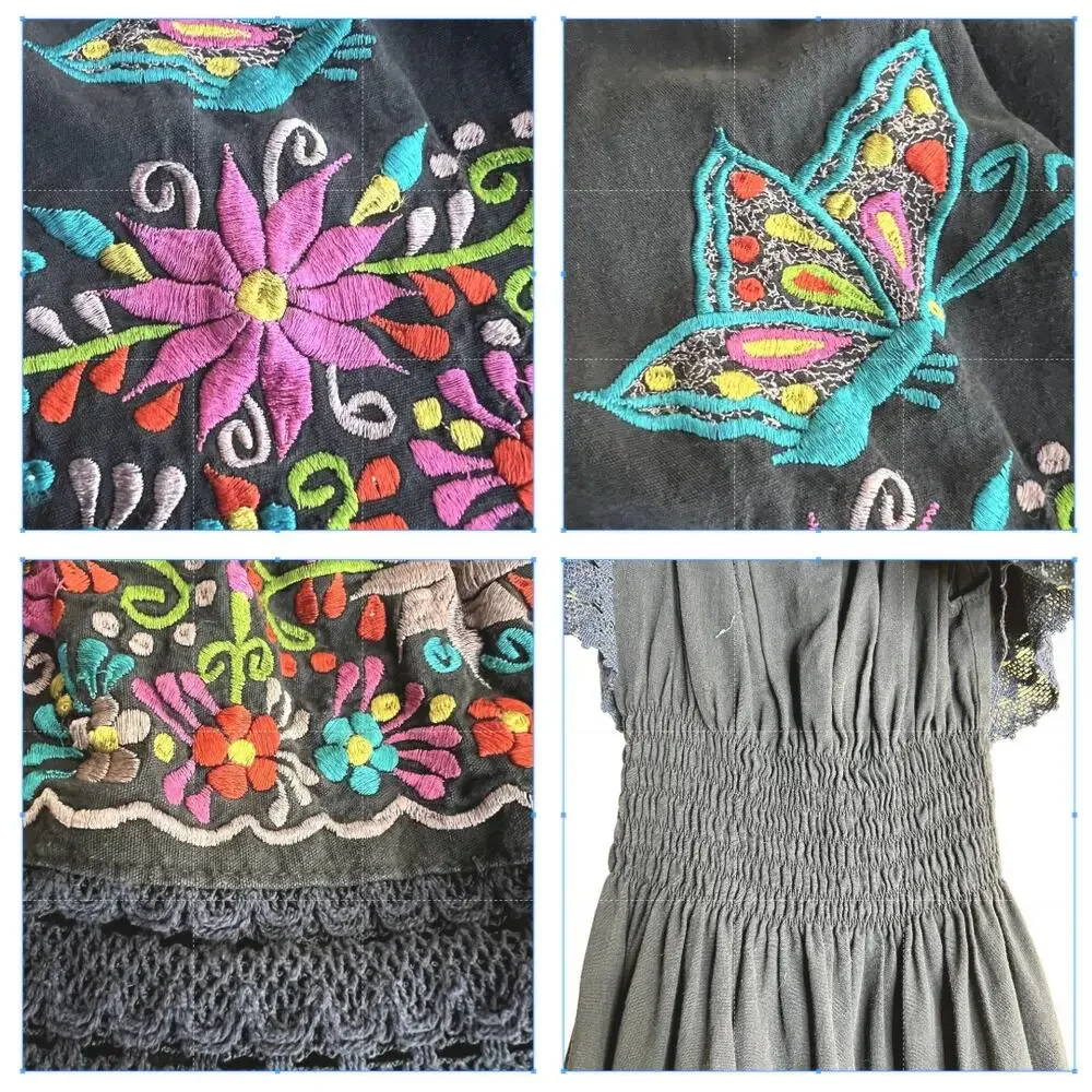 Artisan Mexican Embroidered Campesina Peasant Dress Girls 7-8 Black Boho